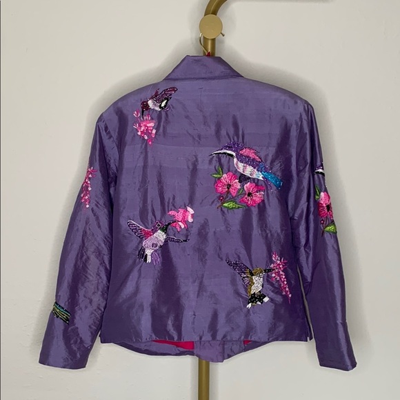 Vintage Anage Silk Purple Embroidered Hummingbird Fully Lined Bird Jacket Size M - Picture 3 of 9